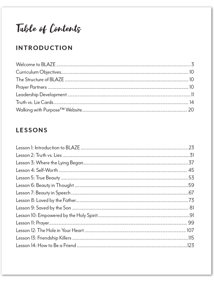 BLAZE Masterpiece leaders guide table of contents page 1