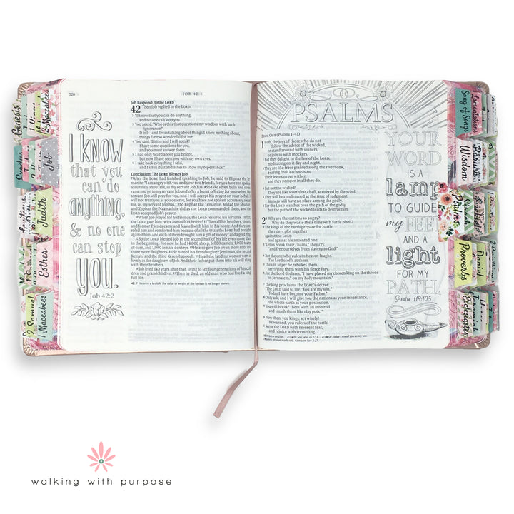 open Bible with WWP Themed Catholic Bible Tabs 