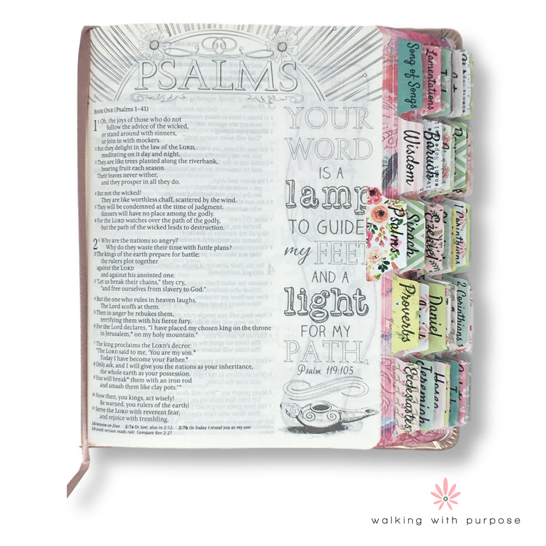 open Bible with WWP Themed Catholic Bible Tabs 
