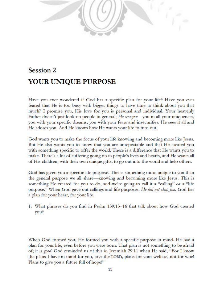 inside page of Discovering My Purpose Bible Study