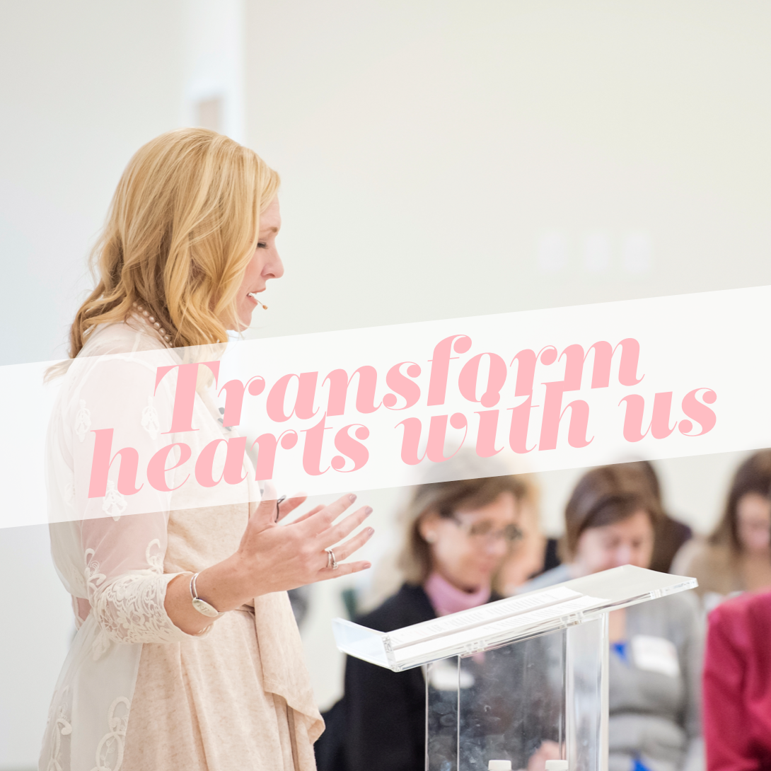 Lisa Brenninkmeyer standing at a lectern with text overlay that reads 'Transform hearts with us'.
