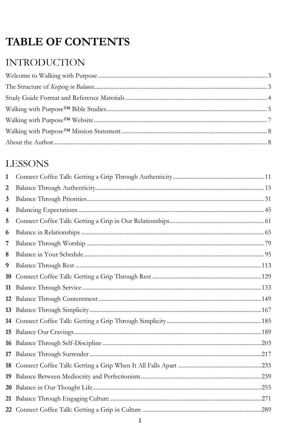 Keeping in Balance Table of Contents