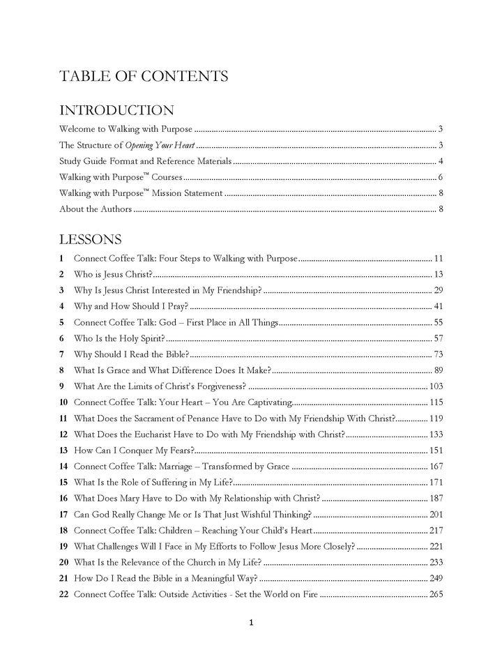 Opening Your Heart Bible Study table of contents