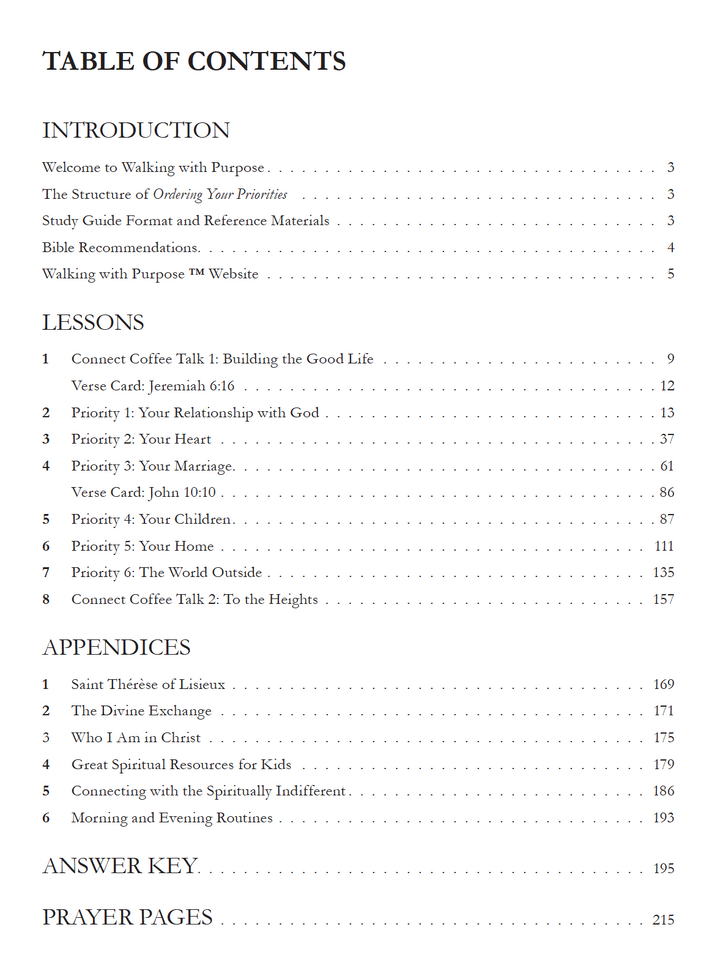 Ordering Your Priorities Bible Study table of contents