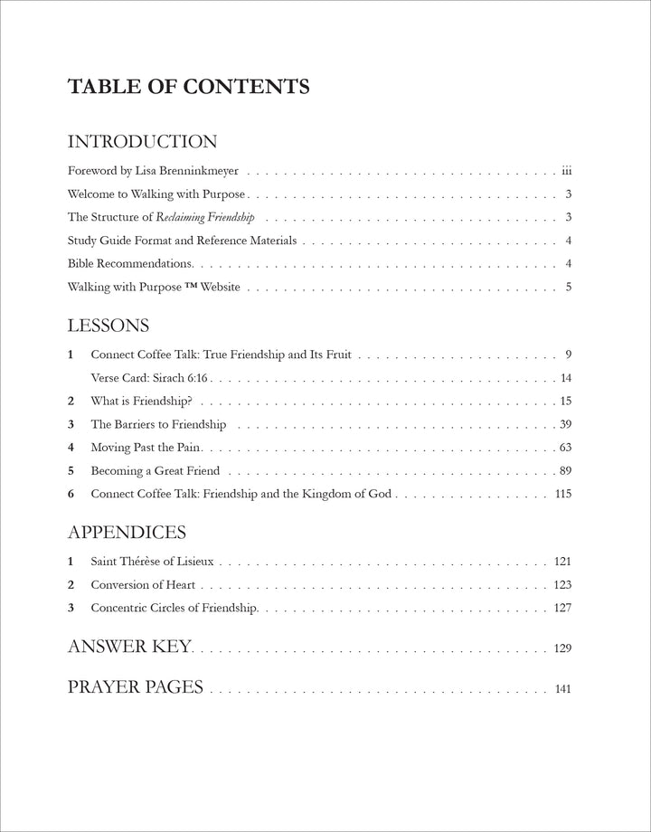 Reclaiming Friendship Bible Study table of contents